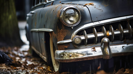 This close-up shot showcases the weathered front end of an old car, highlighting its rusted grille, chipped paint, and classic design details.の素材
