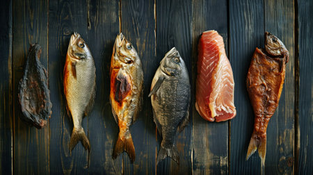 A collection of different types of smoked fish hanging on a line.の素材
