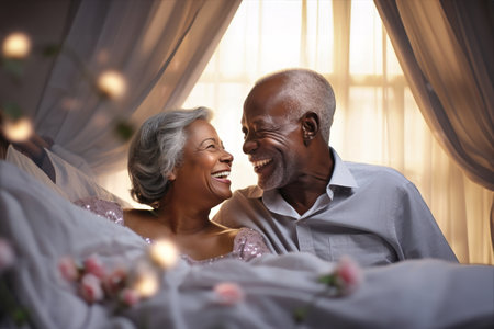 An elderly dark-skinned man and woman laying closely together in bed, showing love and intimacy.の素材