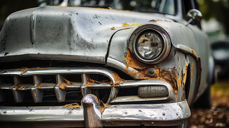An aged automobile sits with visible rust on its front, reflecting years of exposure to the elements. The worn paint and corroded metal showcase the passage of time and neglect.の素材