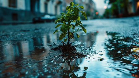 A small tree has begun to sprout atop a puddle of water, showing a unique natural occurrence in an urban setting.の素材