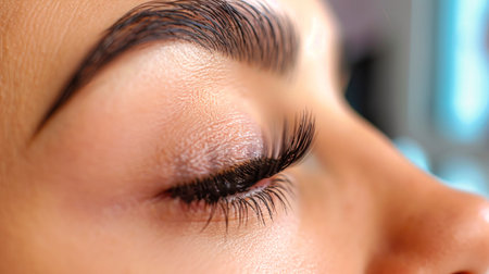 A detailed view of a womans eye with eyelash extensions showing long, voluminous lashes in a beauty salon setting.の素材