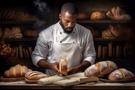 A dark-skinned male baker is seen making bread in his home bakery. Home bakery. Private business.の素材