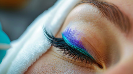 A close-up of a womans eye showing blue and white eye shadow, enhanced with eyelash extensions and makeup in a beauty salon.の素材