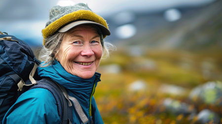 An elderly woman smiles while wearing a yellow jacket and a green hat. Active lifestyle. Sports and tourism.の素材