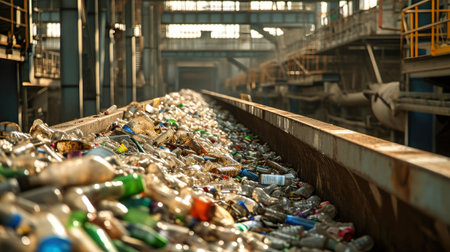 A conveyor belt at a waste processing plant carries a large quantity of garbage, ready for sorting and recycling. Selective focus.の素材