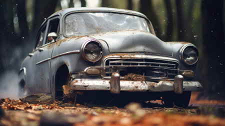 An old, rusted car is parked in the center of a dense forest, surrounded by trees and overgrown vegetation. The vehicle shows signs of decay and neglectの素材