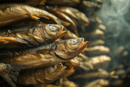 A photograph showing a pile of various types of smoked fish sitting on top of a grill.の素材