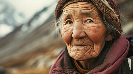 Elderly woman wearing a backpack, standing against a mountain backdrop. Active lifestyle.の素材