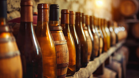 A line of wine bottles neatly arranged on a sturdy wooden shelf in a cellar for wine production and storage.の素材