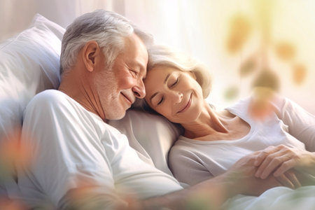 An elderly man and woman expressing love and affection as they cuddle together on a bed.の素材
