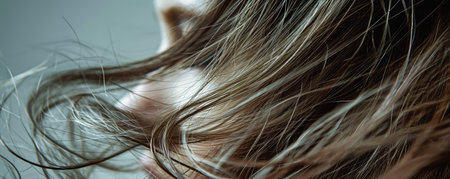 This close-up shows a woman with long, shiny hair flowing gracefully.の素材