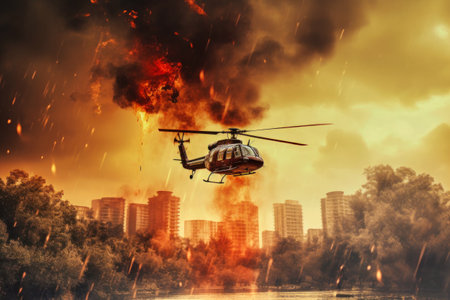 A helicopter flies over a city engulfed in flames, combating a massive fire outbreak with precision and urgency.の素材