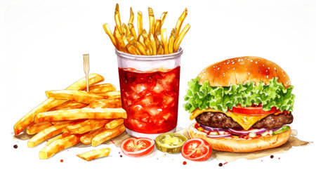 A simple yet intricate drawing of a classic hamburger and French fries, accompanied by a refreshing drink.の素材