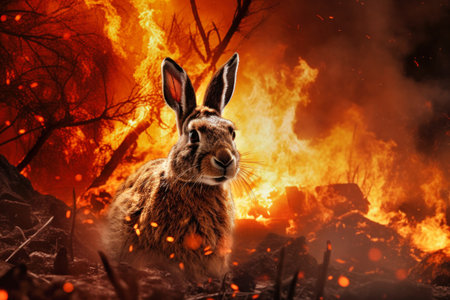 A rabbit cautiously stands in the forest, its surroundings hinting at the environmental issue of a nearby fire. Forest fire.の素材