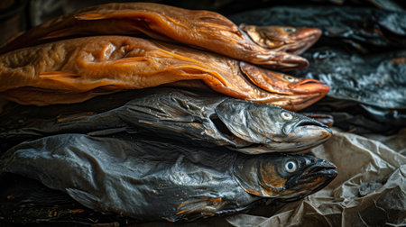A variety of smoked fish sitting atop a sturdy wooden table.の素材