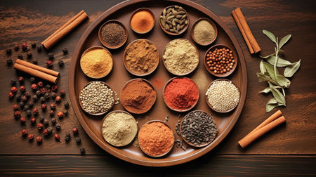 A wooden table showcasing bowls filled with different types of spices and herbs, perfect for flavoring your cooking.の素材
