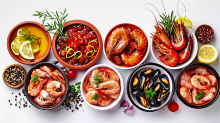 A group of bowls filled with different types of food, predominantly various seafood, providing an array of options and flavors.の素材