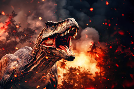A terrible dinosaur Tyrannosaurus T-rex with an open huge mouth and powerful teeth. Prehistoric monsterの素材