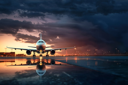 A passenger plane lands against the backdrop of sunset at the airport. Travel and tourismの素材