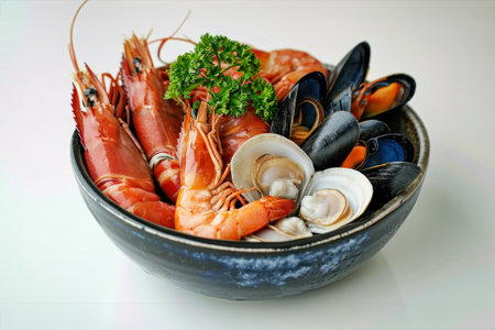 A selectable bowl of seafood and mussels placed on a table, ready to be savored.の素材