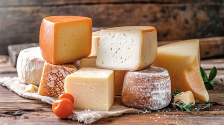 A table abundant with various types of farm cheese, a natural dietary product, showing a diverse selection for all cheese lovers.の素材