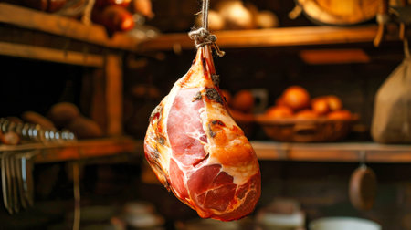 A succulent piece of meat hangs from a hook, showing the quality and freshness of farm-produced jamon ham.の素材