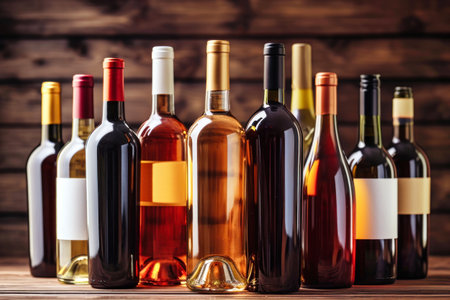 A collection of wine bottles neatly arranged on a wooden table, showing the storage and production of wine.の素材