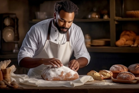 A skilled dark-skinned male baker proudly stands in front of an assortment of delectable bread he has prepared in his home bakery.の素材
