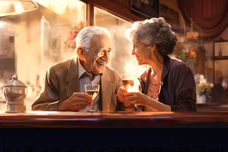 An intimate painting featuring an older couple enjoying the conversation while holding glasses of wine.の素材