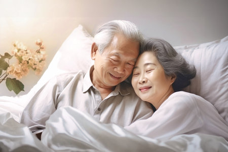 An elderly Asian man and woman with gray hair are seen laying in bed together, showing comfort and love.の素材