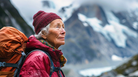 Elderly woman with a backpack on looks up into the sky while standing in a village setting. Active lifestyle. Sports and tourism.の素材