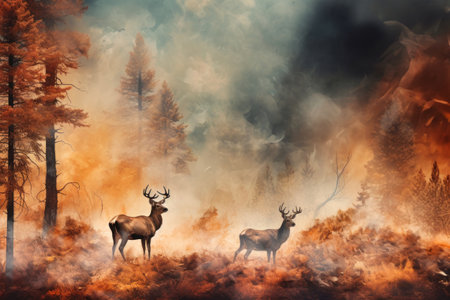 A herd of wild animals sprint through a forest, escaping a raging fire. The urgency and speed of their movement is evident. Forest fire.の素材