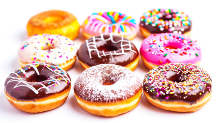 A variety of glazed donuts are neatly arranged on a table.の素材