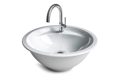 A white sink with a chrome faucet attached to the counter, ready for use in a modern kitchen. Isolatedの素材