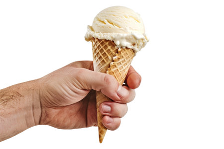 A hand grasping a waffle cone filled with delicious ice cream, set against a clean white backdrop. Isolatedの素材