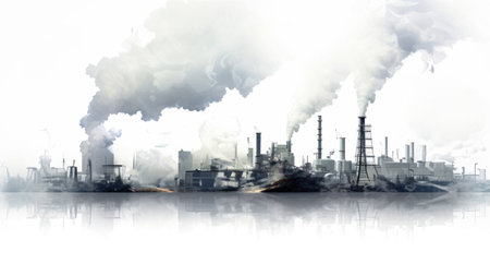 A billowing smoke from its pipes, signifying industrial activity and pollution. Isolatedの素材