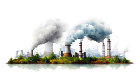 Factory emitting smoke from its stacks, showing industrial activity and pollution. Isolatedの素材