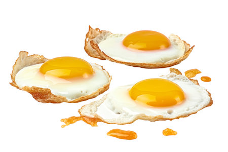 Three fried eggs sit atop a piece of bread, contrasted against the white plate. Isolatedの素材