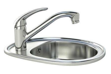A practical stainless steel kitchen sink with a functional faucet. Isolatedの素材