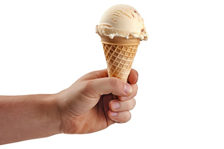 A hand grasping a waffle cone filled with delicious ice cream, set against a clean white backdrop. Isolatedの素材