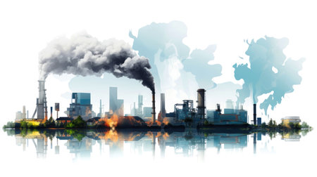 A billowing smoke from its pipes, signifying industrial activity and pollution. Isolatedの素材