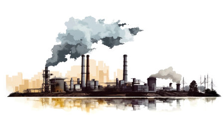 Painting depicting an industrial factory with smoking pipes releasing smoke into the air. Isolatedの素材