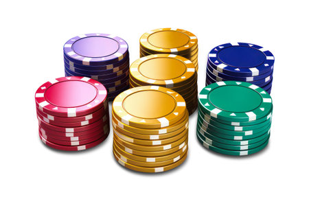 A stack of various colored poker chips neatly arranged on top of each other. Isolatedの素材