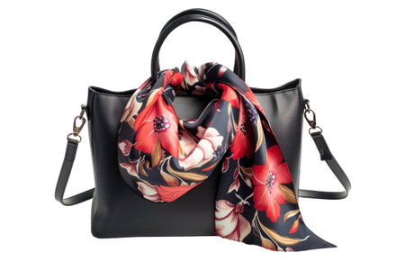 A black purse is embellished with a vibrant red flower scarf wrapped elegantly around it. Isolatedの素材