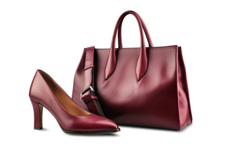 A pair of womens shoes and a matching handbag are displayed elegantly on a plain white background. Isolatedの素材