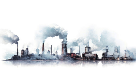 A factory releasing smoke from its tall metal pipes into the sky, indicating industrial activity. Isolatedの素材