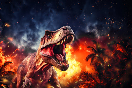 Tyrannosaurus T-rex ,dinosaur on smoke and fire background. Global catastrophe. A dinosaur escapes from the flamesの素材
