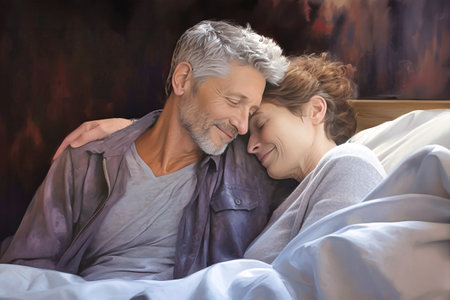 An elderly man and woman lay side by side in bed, showing love and companionship in their relationship.の素材