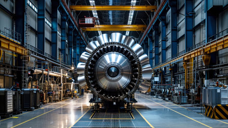 A photo capturing a large metal object, a powerful turbine, in the bustling workshop of a factory.の素材